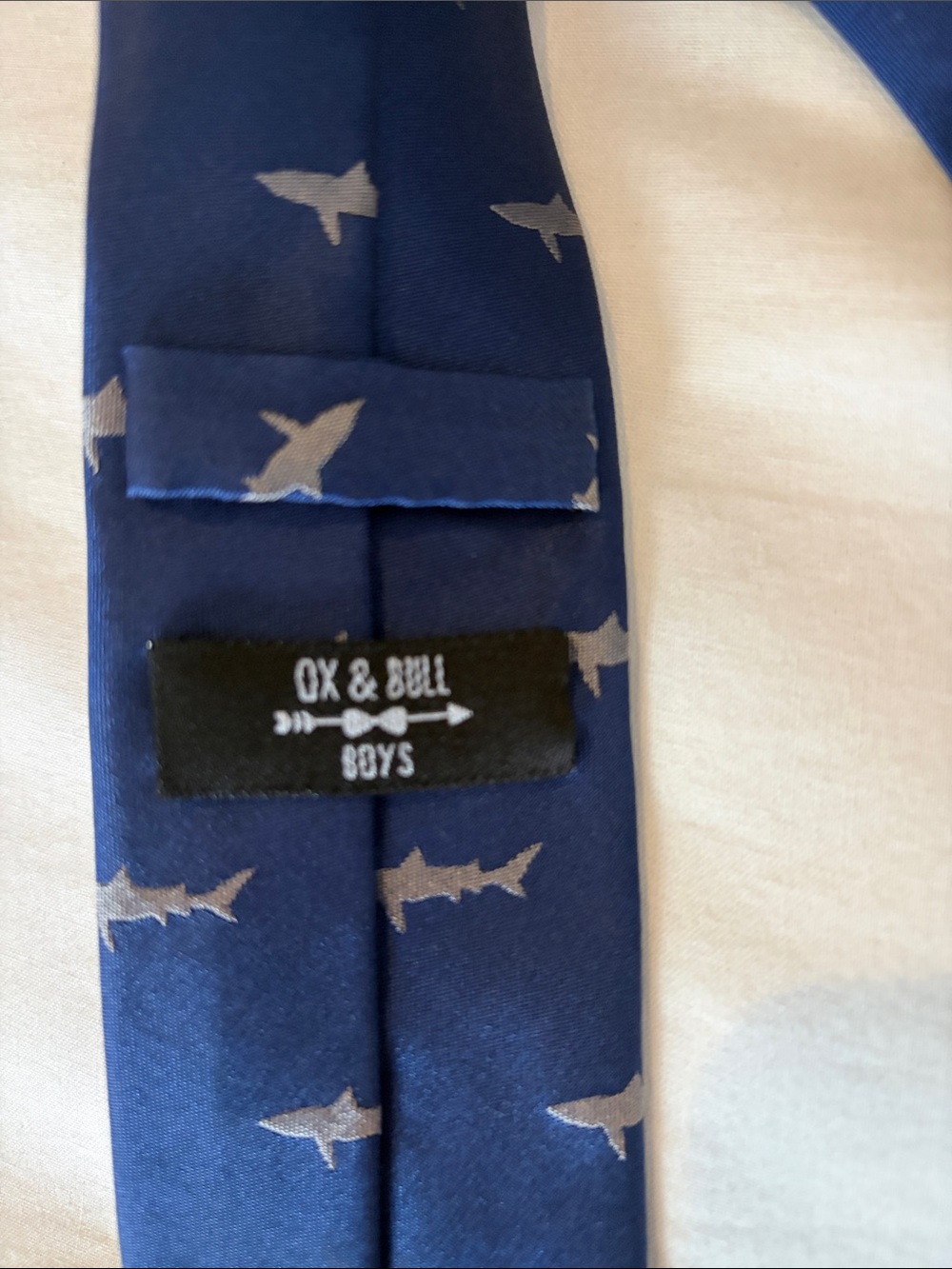Boys Navy Silk Tie with Small Shark Motif - Picture 3 of 3
